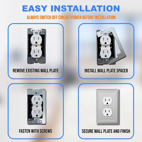 Installation steps of Go-To Wall Plate Spacer Kit Ten Pack Metal Leveling Plates for single gang box alignment and securing flush fit.