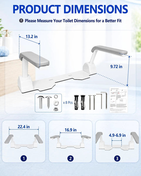 Heavy Duty Adjustable Toilet Safety Rail Giving Rock Steady Grip And Quick No Drill Setup For Seniors And Pregnant Moms Who Need Easy Getting Up Without Eating Up Valuable Bathroom Space Inside, with product dimensions and installation instructions.