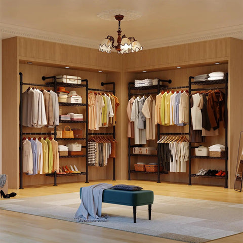 Heavy Duty Wall Mounted Closet System With Expandable Industrial Pipe Clothing Rack displaying organized clothes and shelves in a stylish setting.