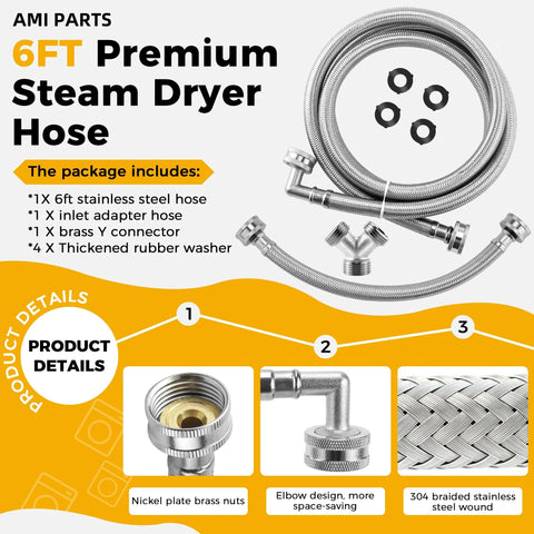 AMI Parts 6ft stainless steel steam dryer hose kit with 90-degree elbow, inlet adapter, Y connector, and washers