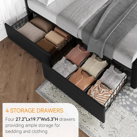 Storage drawers of Absolute Game Changer Queen Size Platform Bed Frame With Durable Faux Leather Headboard And Four Smooth Roll Out Storage Drawers For Effortless Room Makeovers In Matte Black.