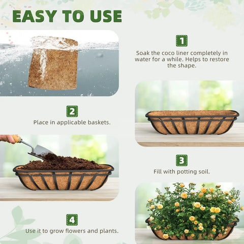 36 Inch Trough Coco Liners 3 Pack Natural Coconut Coir Fiber For Wall Basket Planters shown in four-step installation process