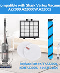 Soft Brushroll Filters Replacement Parts and Accessories for Shark Vertex DuoClean PowerFin Upright Vacuum AZ2002 AZ2000 AZ2000W Part 1483FC2000 XHFA2000 and XFFKAZ2000 shown with vacuum, filters, brushroll, and cleaning tool