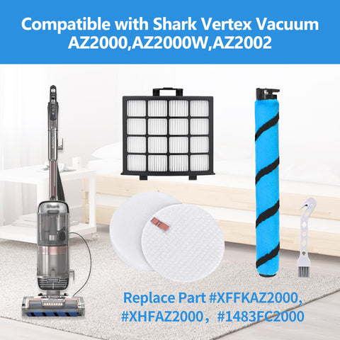 Soft Brushroll Filters Replacement Parts and Accessories for Shark Vertex DuoClean PowerFin Upright Vacuum AZ2002 AZ2000 AZ2000W Part 1483FC2000 XHFA2000 and XFFKAZ2000 shown with vacuum, filters, brushroll, and cleaning tool