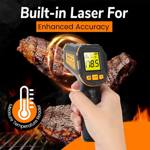Epic Infrared Temperature Gun For Cooking And Grilling With Laser Precision, Fast Non Contact Readings In Under A Second, Wide Range From Minus 58 F To 1112 F And Minus 50 C To 600 C For Meat, Pizza Ovens, Candy, Grilling, HVAC And More handheld infrared thermometer aimed at steak