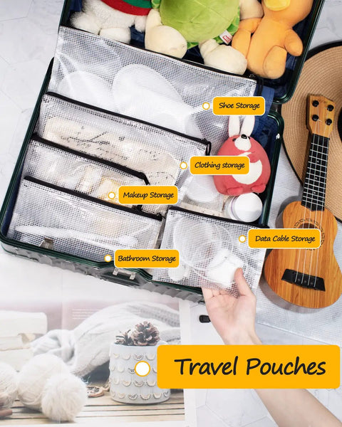 Multisize Mesh Zipper Pouches Set Black Water Resistant Zip Bags categorized for travel storage in suitcase