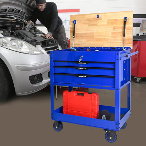 Rolling Tool Cart With Wheels 3 Drawers And A Wooden Top Heavy Duty Mechanics Cabinet For Garage Workshop And Warehouse