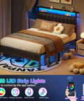 Queen Size Bed Frame With Smart RGB LED Lights And Remote App Control Featuring Over 60000 Custom Colors Quick Charge Hub and Multiple Vibe Settings in a cozy bedroom setting.