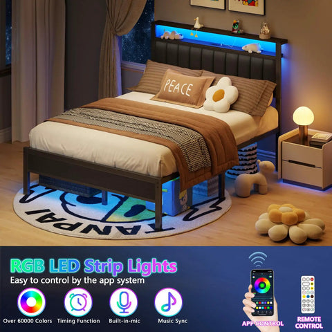 Queen Size Bed Frame With Smart RGB LED Lights And Remote App Control Featuring Over 60000 Custom Colors Quick Charge Hub and Multiple Vibe Settings in a cozy bedroom setting.