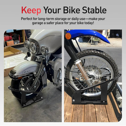 Beefed Up Universal Motorcycle Wheel Chock And Front Wheel Stand For Trailers 1800 Pound Capacity Adjustable Wheel Locks Fit 15 To 21 Inch Wheels For Cruiser Sport And Dirt Bikes with motorcycles secured