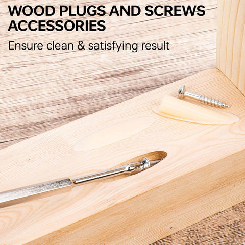 Close-up of Adjustable Pocket Hole Jig Kit With Stop Collars For Precision Drilling with screw and wood plug on wood surface