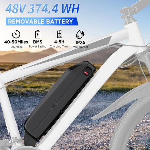 Removable 48V battery on Powerful 1000W Peak Electric Mountain Bike For Adults With 26-Inch Wheels, 20 MPH Top Speed, 50-Mile Range