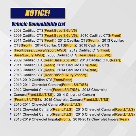 Vehicle compatibility list for Front And Rear Wheel Bearing And Hub Assembly 513282 showing Cadillac and Chevy models 2008-2019