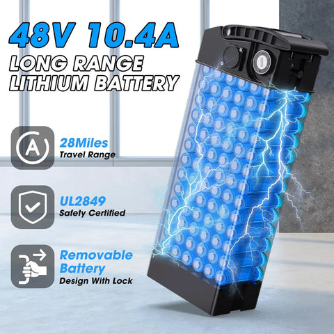 48V removable battery for Foldable 14 Inch Electric Bike With A 650W Peak Motor That Powers You To 20 MPH, 28 Mile Range, UL 2849.