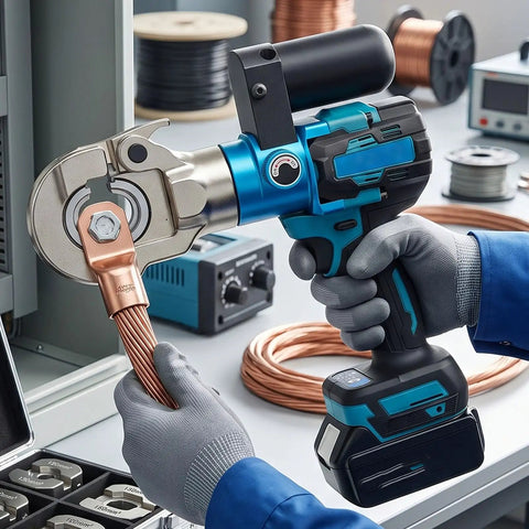 Heavy-Duty Cordless Hydraulic Crimping Tool For Copper And Aluminum Cable Lugs 90 Kn Electric Crimper holding copper lug.