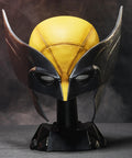 Legit Screen Accurate Wolverine Premium Roleplay Mask Featuring Authentic Movie Details And Officially Licensed Construction For Top Shelf Adult Collectibles And Zero Fuss Cosplay, front view on stand.