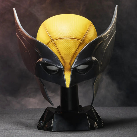 Legit Screen Accurate Wolverine Premium Roleplay Mask Featuring Authentic Movie Details And Officially Licensed Construction For Top Shelf Adult Collectibles And Zero Fuss Cosplay, front view on stand.