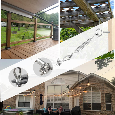 One Eighth Inch Stainless Steel Wire Rope Cable 100 Feet With M5 Turnbuckle And Hardware Kit shown in various applications