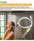 Hicello pilot assembly parts kit with white coiled hose and brass connector, next to a rainfall showerhead.