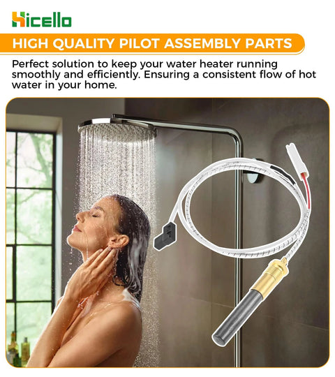 Hicello pilot assembly parts kit with white coiled hose and brass connector, next to a rainfall showerhead.