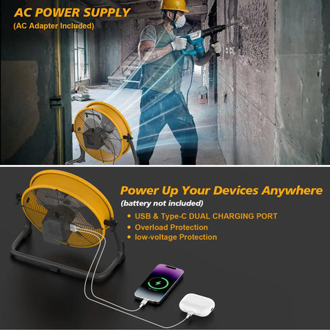 12 Inch Battery Powered Floor Fan Compatible With 20V Max Batteries Portable Metal High Velocity Cordless Fan with USB and AC adapter