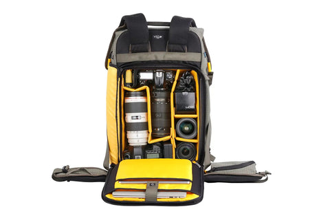 Active 53 Camera Backpack With Front Rear And Top Access For Gear Built In USB Charger Port Removable Camera Box Insert Open View