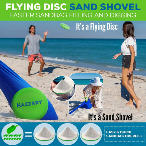 Ultra Portable Beach Tent Sun Shade 10x10 Ft UPF50 Plus Shield with Flying Disc Sand Shovel on beach scene