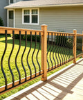 51 Pack 29.5 Inch Matte Black Iron Deck Balusters With Complete Hardware Kit For Exterior Stair Railing And Porch Safety Fences That Look Dope And Install Like A Breeze No Stress At All showcased in a stylish backyard railing setting.