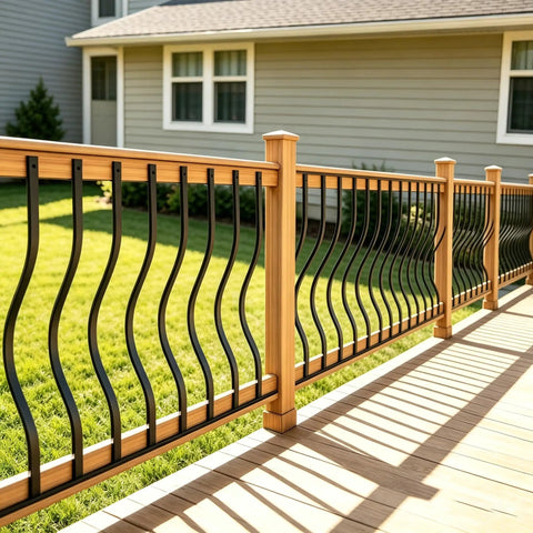 51 Pack 29.5 Inch Matte Black Iron Deck Balusters With Complete Hardware Kit For Exterior Stair Railing And Porch Safety Fences That Look Dope And Install Like A Breeze No Stress At All showcased in a stylish backyard railing setting.
