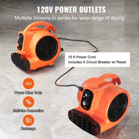 Beast Mode Air Mover Carpet Dryer 0.25 HP 1000 CFM Portable Floor Blower with power outlets and long power cord