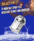 M14x1.5 Chrome Lug Nut in salt spray test, highlighting rust resistance attributes for factory wheels like Ram 1500, Jeep Wrangler JL, Chevy Impala.