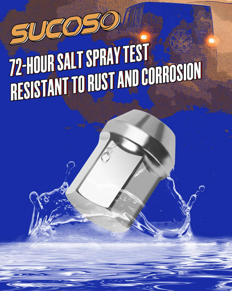M14x1.5 Chrome Lug Nut in salt spray test, highlighting rust resistance attributes for factory wheels like Ram 1500, Jeep Wrangler JL, Chevy Impala.