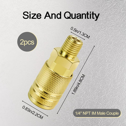 Close-up of brass 1/4in NPT IM male air coupler, 2-pack, Amazon Tools quick-connect fitting
