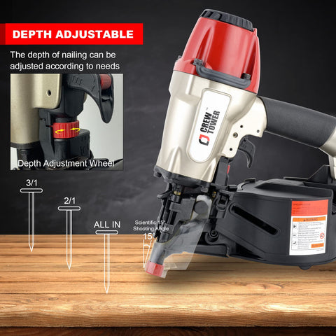 CN565B Beast 15 Gauge Siding Nail Gun Coil Pneumatic depth adjustable feature, nail sizes, and adjustment wheel