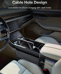 Premium Leather Car Seat Gap Filler Organizer With Flexible Anti Drop Edge And Smart Compartment Design securing phone with cable hole.