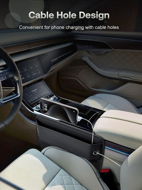 Premium Leather Car Seat Gap Filler Organizer With Flexible Anti Drop Edge And Smart Compartment Design securing phone with cable hole.