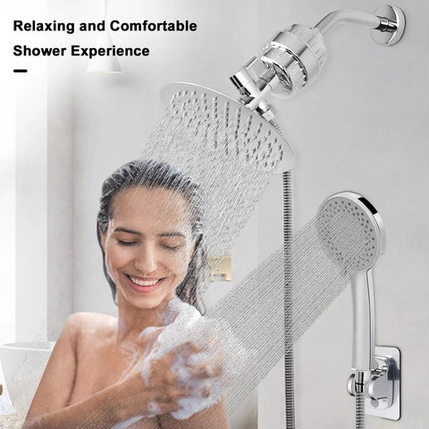 High Pressure 8 Inch Round Rain Shower Head With 5 Settings Handheld Shower Filter Combo Chrome Finish spraying water, woman smiling