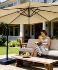 Woman relaxing under 10 Feet Cantilever Offset Patio Umbrella With Base Included, Yarn Dyed Fabric, 8 Rib Sturdy Frame, 360 Degree Rotation And Easy Tilt, Beast Outdoor Shade For Resorts Courtyards Hotels Backyards And Commercial Leisure Areas in backyard.
