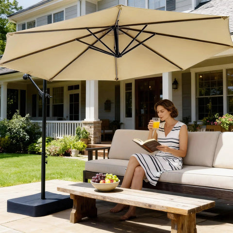 Woman relaxing under 10 Feet Cantilever Offset Patio Umbrella With Base Included, Yarn Dyed Fabric, 8 Rib Sturdy Frame, 360 Degree Rotation And Easy Tilt, Beast Outdoor Shade For Resorts Courtyards Hotels Backyards And Commercial Leisure Areas in backyard.