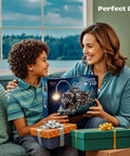 Mother and child smiling with Angler Fish Mechanical Building Block Set With Lights Dope STEM Toy For Kids And Adults box on sofa.