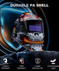 Front view of Auto Darkening Welding Helmet with True Color View, graphic design, four arc sensors, solar powered, durable PA shell.