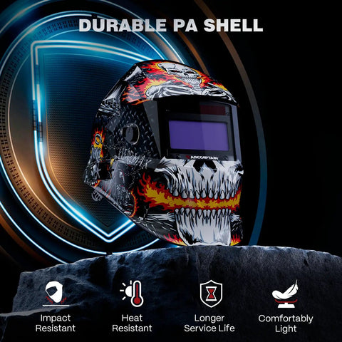Front view of Auto Darkening Welding Helmet with True Color View, graphic design, four arc sensors, solar powered, durable PA shell.