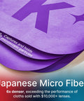 Japanese microfiber lens cleaning cloths in blue and purple, pack of 2, displayed on purple packaging.
