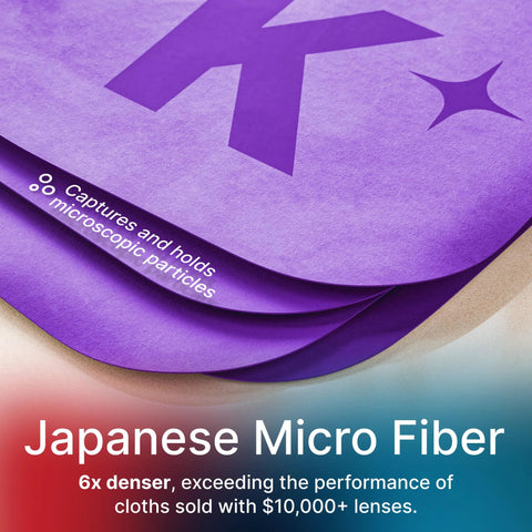 Japanese microfiber lens cleaning cloths in blue and purple, pack of 2, displayed on purple packaging.