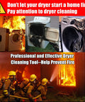 Dryer vent cleaner kit collage showing dryer fires and firefighters; lint-removal tools.