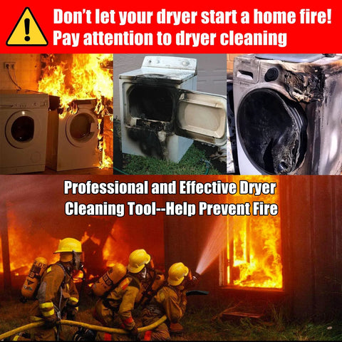 Dryer vent cleaner kit collage showing dryer fires and firefighters; lint-removal tools.