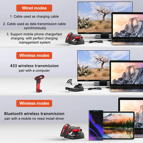 2D Industrial Barcode Scanner With Stand And Wireless Charging Base, Hands Free Operation, USB Compatibility, 433 Wireless Tech Delivering Up To 1968 Feet Open Air Transmission, Red, showing compatibility with wired and wireless modes next to computers and tablets.