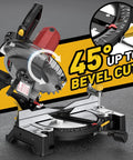 Heavy Duty 10 Inch Compound Miter Saw Boasting A Beefy 15 Amp Motor Cruising At 5000 Rpm For Silky Smooth Cuts On Wood Metal Plastic And Laminates Featuring Single Bevel 0 To 45 Degree Angles Wide Extension Table Plus 36 T Blade, displaying bevel adjustment for precise cuts.