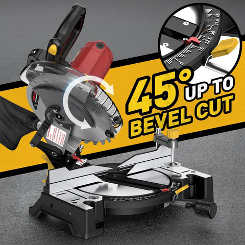 Heavy Duty 10 Inch Compound Miter Saw Boasting A Beefy 15 Amp Motor Cruising At 5000 Rpm For Silky Smooth Cuts On Wood Metal Plastic And Laminates Featuring Single Bevel 0 To 45 Degree Angles Wide Extension Table Plus 36 T Blade, displaying bevel adjustment for precise cuts.