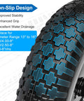 Close-up of 14.5 inch flat-free wheelbarrow tire with non-slip tread, designed for universal fit and multiple bearing sizes.